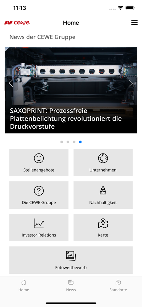 La pantalla de inicio de la aplicación CARL de CEWE con noticias y mosaicos de navegación para servicios corporativos.