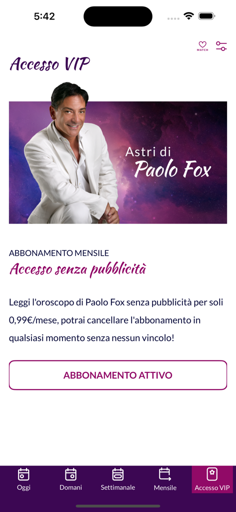 Astri di Paolo Fox - Pagina di accesso VIP dell'app di astrologia Astri di Paolo Fox che mostra i dettagli dell'abbonamento mensile e un ritratto dell'astrologo