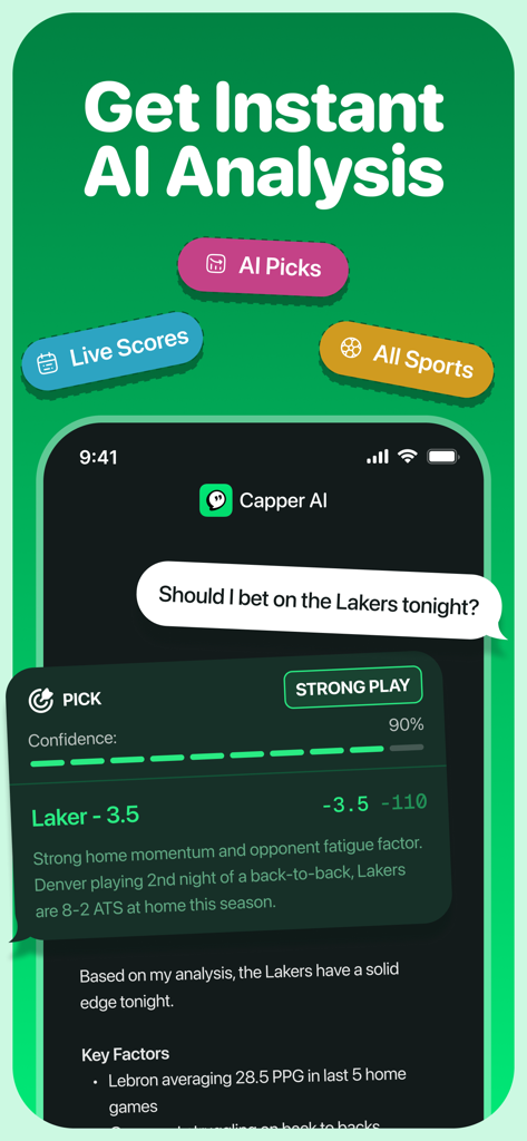 Capper: AI Sports Betting - Capper AI sports betting app chat interface showing a Lakers game analysis and strong play recommendation