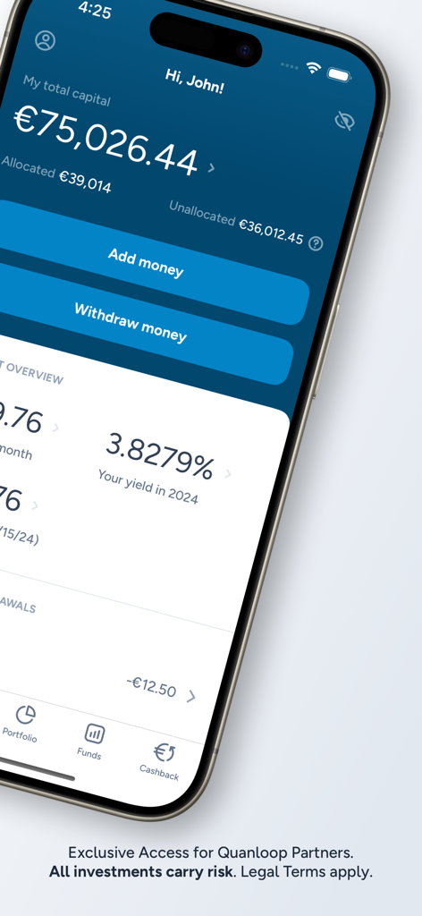 Écran de l'application Quanloop Funds montrant le solde du portefeuille d'investissement et le rendement