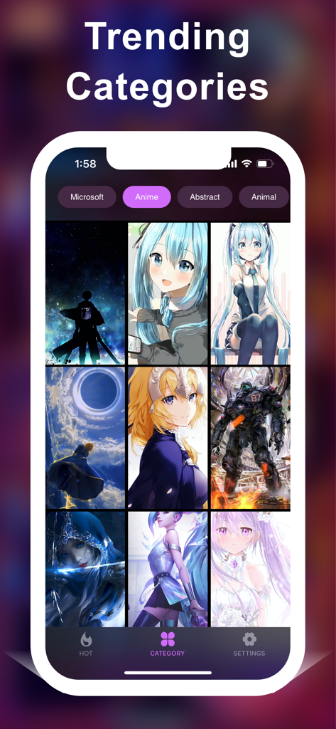 Pantalla de categorías de anime de moda en la aplicación Live Wallpaper 4K con imágenes de personajes de anime de alta definición.