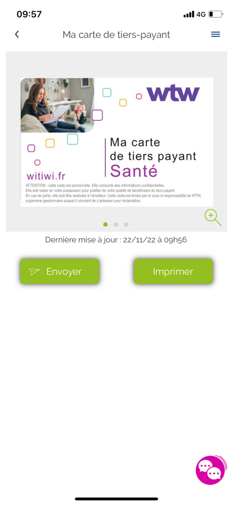 Santé WTW - Carte de tiers-payant numérique affichée dans l'application mobile Santé WTW avec options d'envoi ou d'impression.