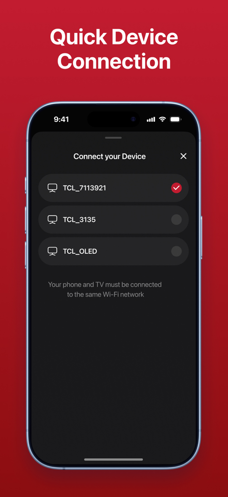 TCL Remote Control: Home & TV - Interface of the TCL Remote Control app displaying a list of available TCL Smart TVs for quick Wi-Fi connection