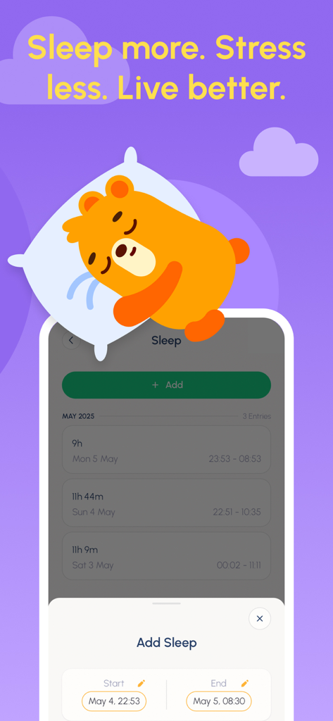 The sleep tracking interface of the Fastic app featuring a cute sleeping bear illustration and a log of sleep hours.