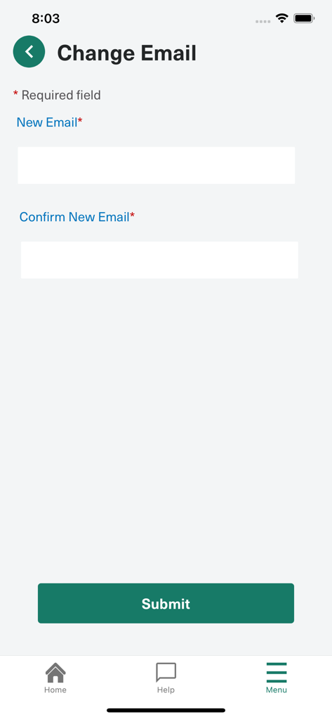 MyRx Care Support - Change email screen in the MyRx Care Support app