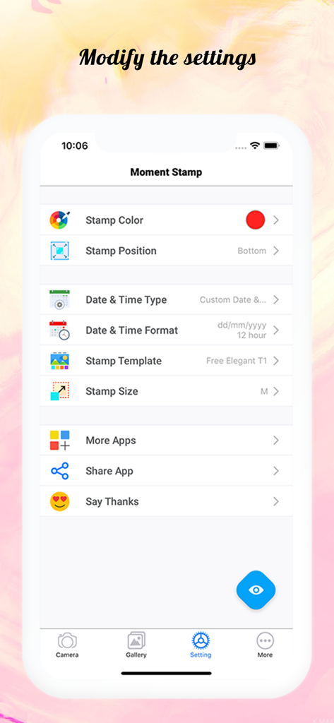 Moment Stamp app settings screen showing customization options for photo date and time stamps
