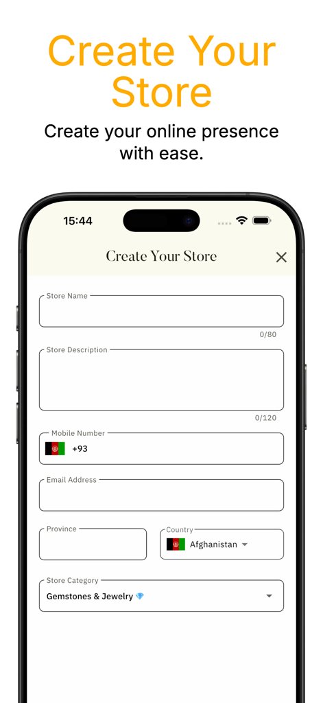 Khanagi - Registrierungsbildschirm für Benutzer, um ihren eigenen Online-Shop in der mobilen Marktplatz-App Khanagi zu erstellen.