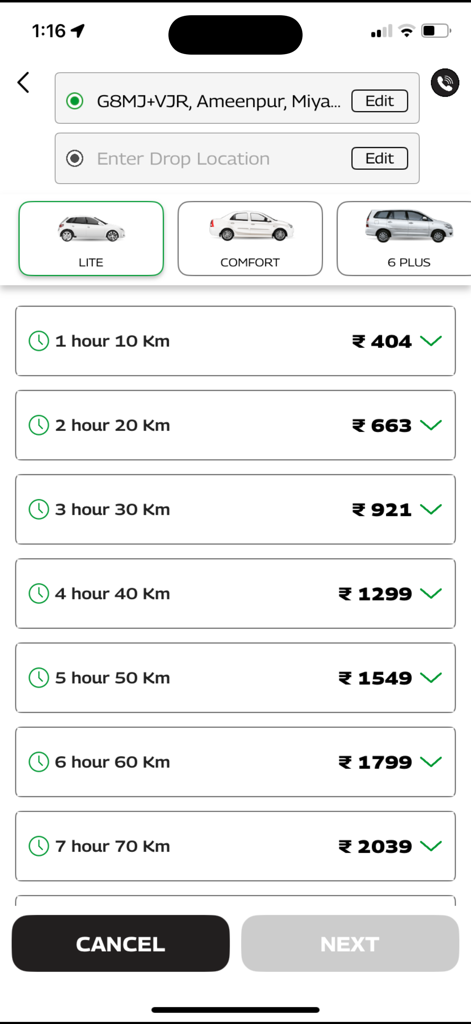 Meru Cabs-Local and Outstation - Interfaz de la aplicación Meru Cabs mostrando paquetes de alquiler de coches por hora y precios transparentes para viajes locales.