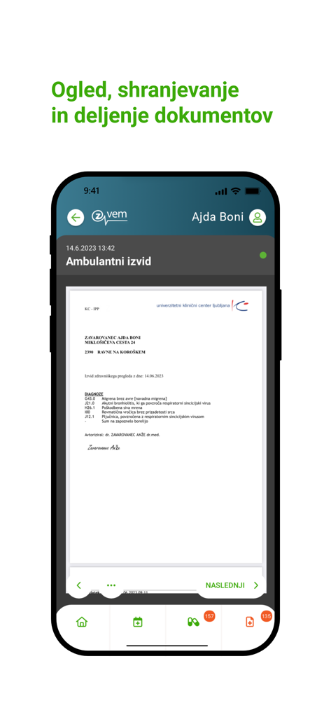 zVEM - Smartphone screen showing a digital medical report in the zVEM Slovenian healthcare app