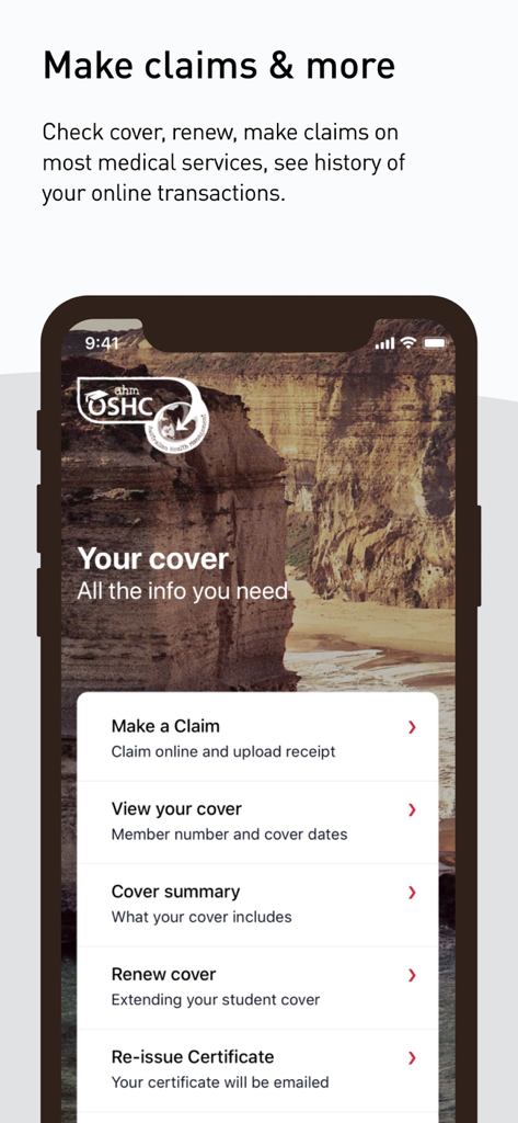 ahm OSHC - ahm OSHC mobile app interface displaying options for international students to make claims and manage health insurance policy details