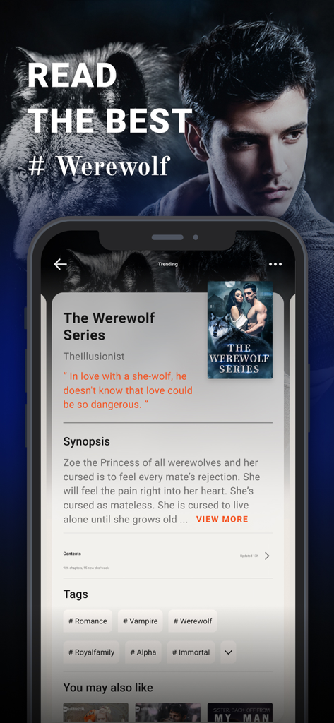 Chereads mobile app interface displaying a werewolf romance story with tags like alpha and immortal