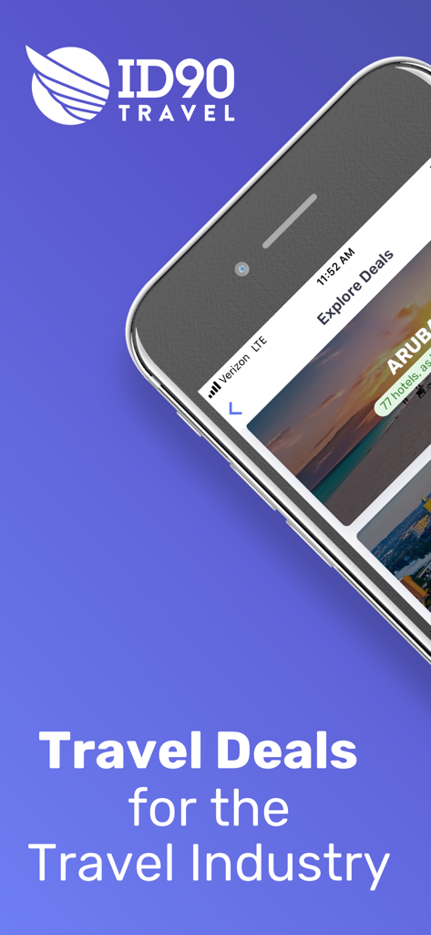 ID90 Travel app promotional screen featuring exclusive travel deals for industry professionals