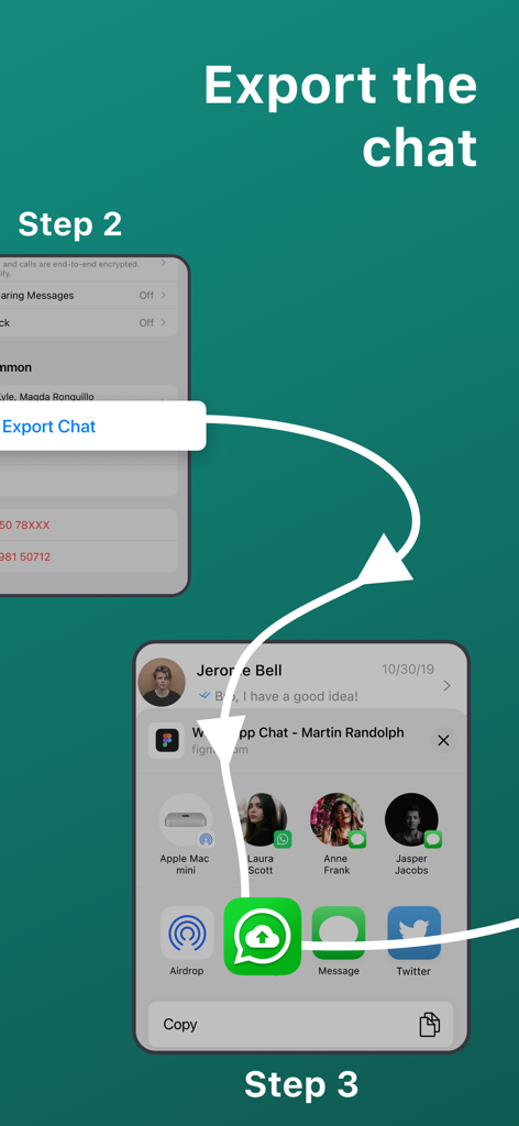 Screenshot showing the steps to export a WhatsApp chat into the backup app