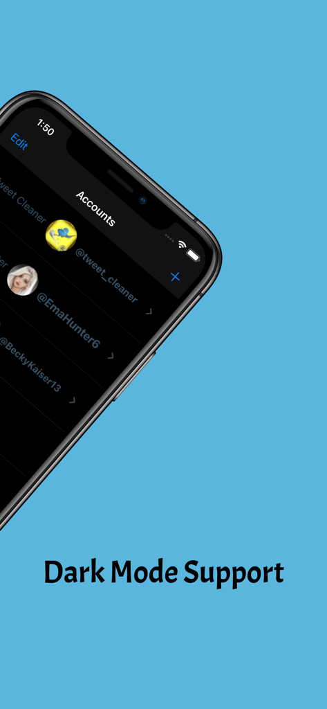 Delete Likes for Twitter - Interface of the Delete Likes for Twitter app showing dark mode support and multiple account management features on a smartphone screen.
