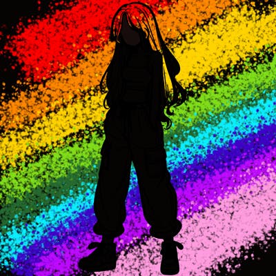 girl in baggy pants crop top and long hair