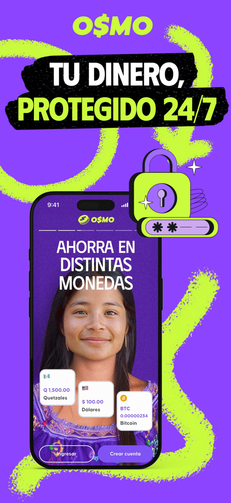 Osmo Money - Osmo Money app interface showing multi-currency balances and 24/7 security message