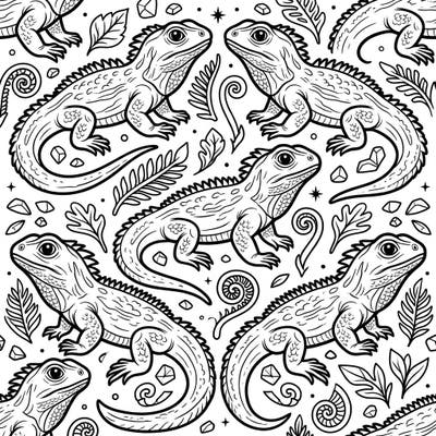 Unleash your creativity with this captivating tuatara seamless pattern. This intricate design features multiple "living fossil" reptiles intertwined with botanical elements, offering endless coloring possibilities.