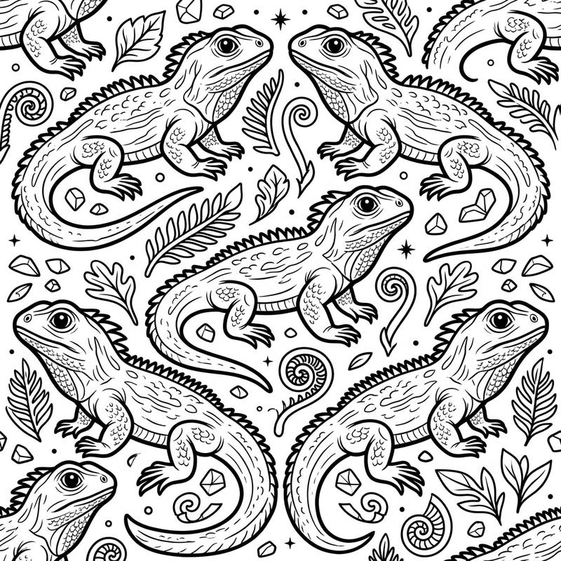 Unleash your creativity with this captivating tuatara seamless pattern. This intricate design features multiple "living fossil" reptiles intertwined with botanical elements, offering endless coloring possibilities.