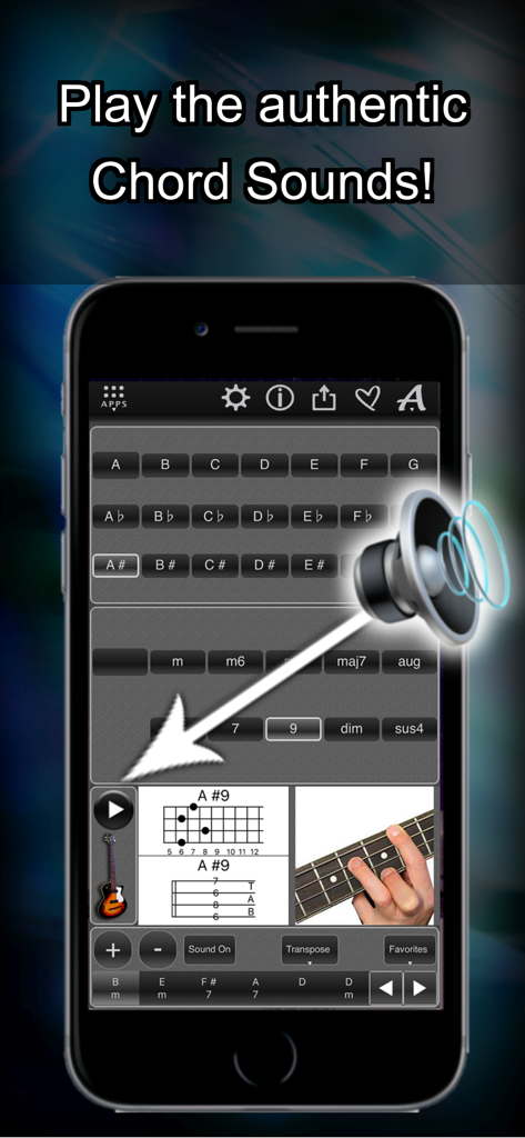 120 Bass Chords - Captura de pantalla de la aplicación 120 Acordes de Bajo destacando la reproducción de audio y diagramas de acordes visuales para bajo eléctrico