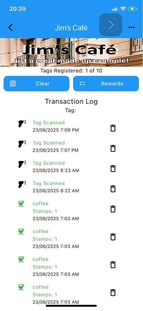 Loyalty Tag - Transaction history log in the Loyalty Tag app showing scanned stamps for a cafe.