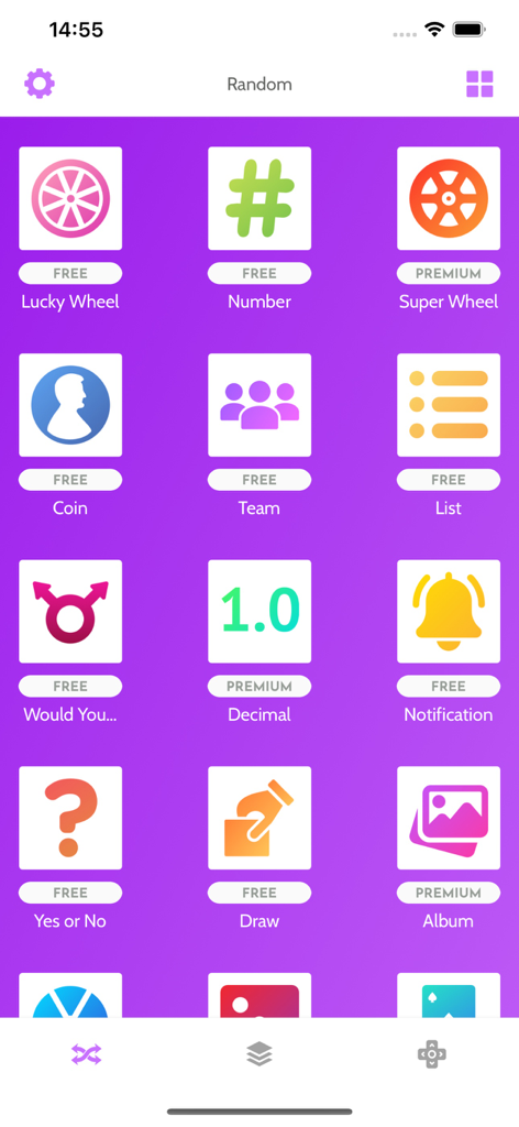 Random: Wheel & Randomizer - Main menu of the Random app showing various decision making tools like lucky wheel coin flip and team selector