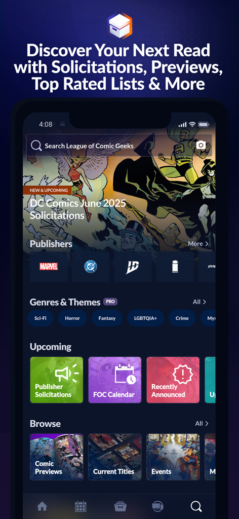 Comic Geeks App-Oberfläche zum Durchsuchen von Verlagen, Genres und bevorstehenden Comic-Ankündigungen