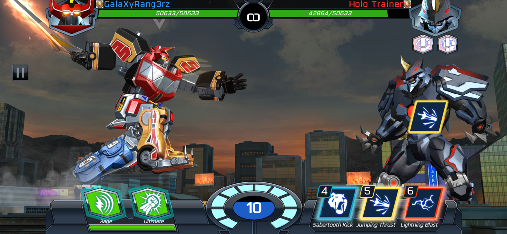 Two giant robots fighting in a city at sunset in Power Rangers Legacy Wars