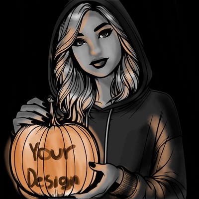 realistic woman in a hoodie holding a pumpkin