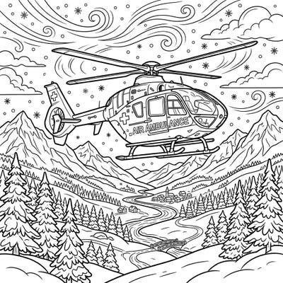 Experience the thrill of a heroic rescue with our captivating air ambulance helicopter coloring page set in a beautiful winter landscape. This detailed design is perfect for enthusiasts of aviation and snowy scenes.
