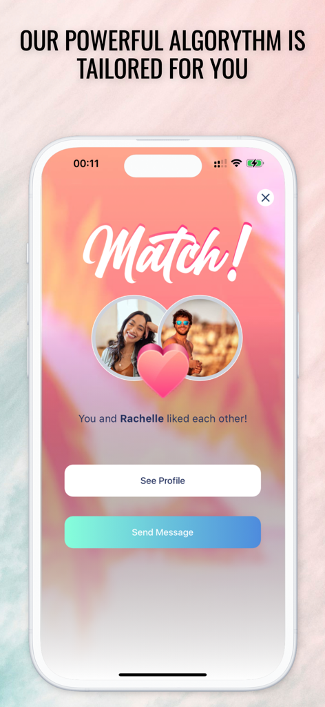 Lovisland dating app screenshot showing a successful match between two users with buttons to see profile or send message.