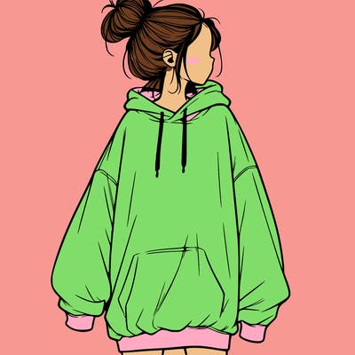 realistic girl with a oversized sweatshirt on and a bun
