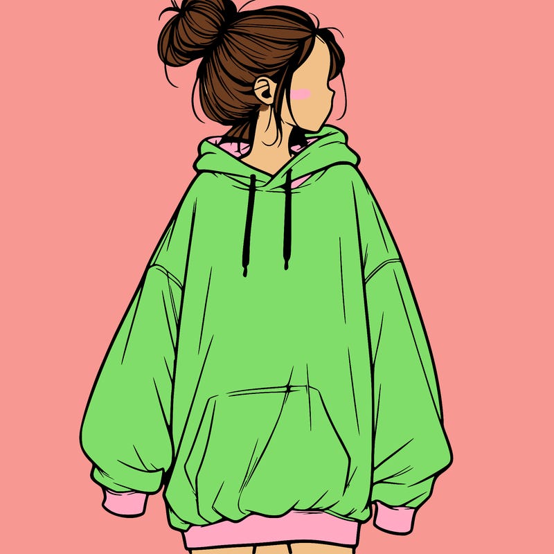 realistic girl with a oversized sweatshirt on and a bun
