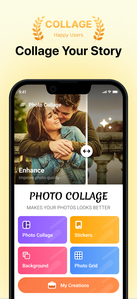 Photo Collage Maker & Stickers - Menú principal de la aplicación Creador de Collages de Fotos que muestra opciones para collages de fotos, stickers, fondos y cuadrículas.