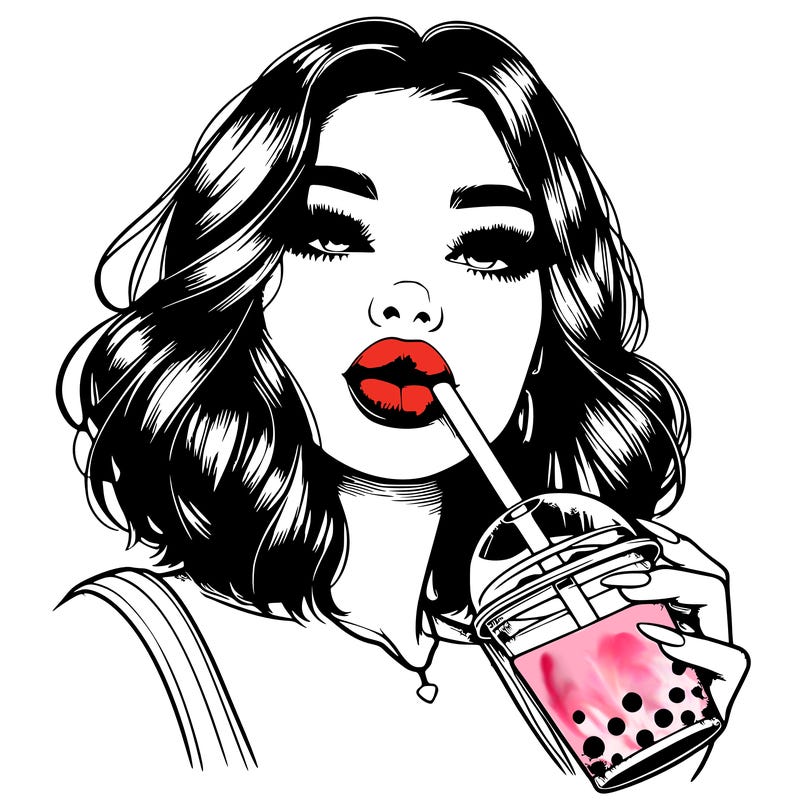 realistic girl with glossy lips holding boba