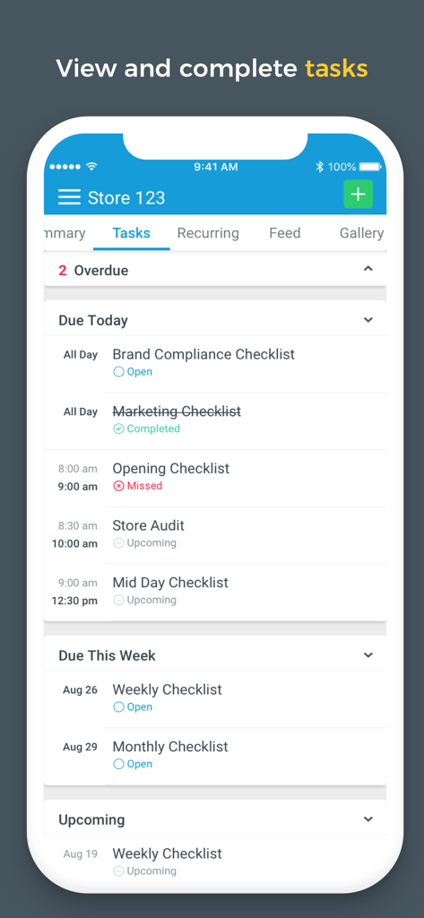 Zenput mobile app interface displaying a list of store tasks including brand compliance and opening checklists