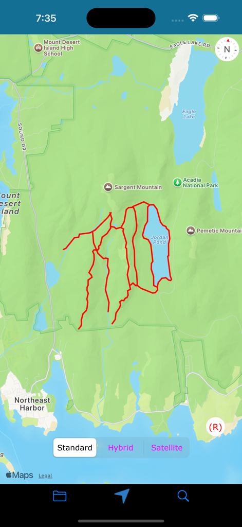 KML & KMZ Files Viewer - Map view with red hiking trail overlays in Acadia National Park