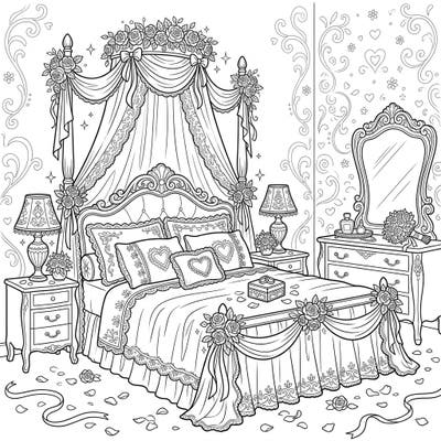 Step into a world of romance with this beautiful wedding bedroom coloring page, featuring a lavish four-poster bed and elegant bridal decor. Discover intricate details like lace, roses, and scattered petals, perfect for a relaxing and creative coloring experience.