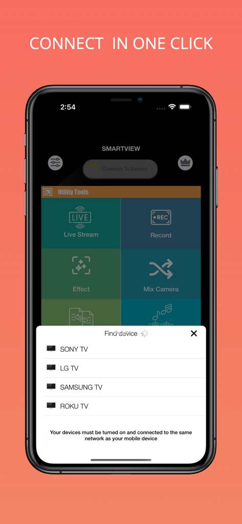 Miracast app on iPhone showing a list of compatible smart TVs like Sony LG and Samsung for screen mirroring