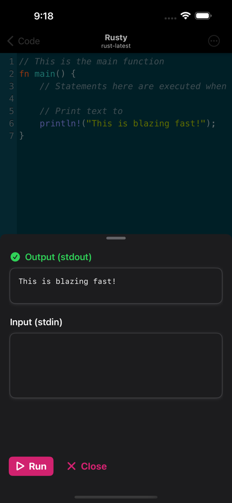 Code - Compile & Run Program - Mobile code editor interface showing Rust programming code and terminal output