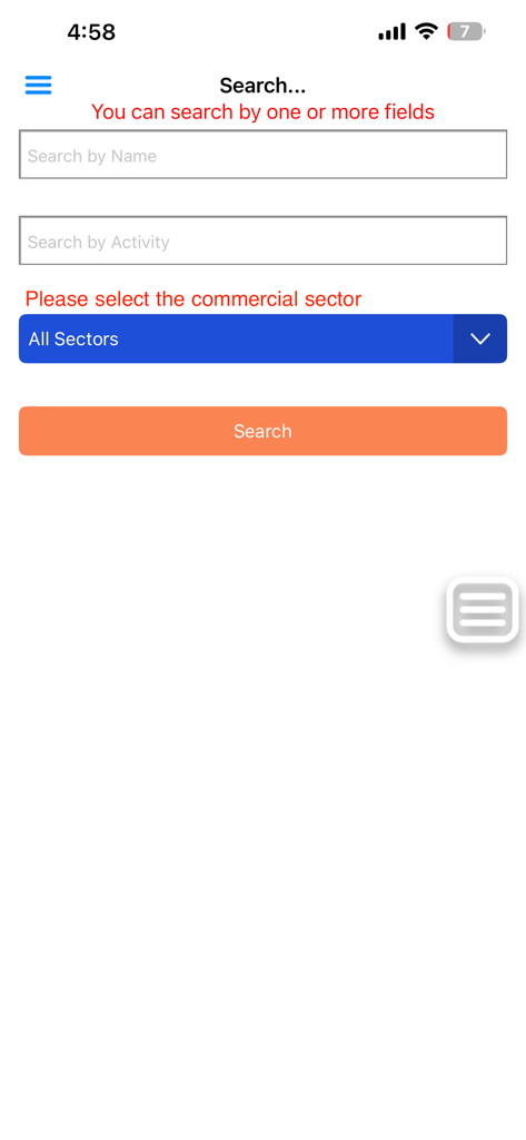 Search screen for the Egyptian Companies Directory app with filters for name, activity, and commercial sector.