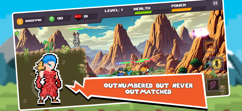 Legendary Z Warriors - Legendary Z Warriors pixel art battle scene with the caption Outnumbered But Never Outmatched