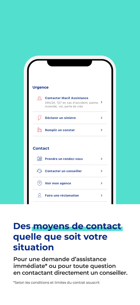 Interfaz de la aplicación móvil MACIF que muestra opciones de asistencia de emergencia y contacto para reclamaciones y asesores