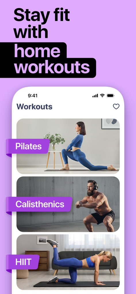 Interfaz de la aplicación HitFit mostrando categorías de ejercicios en casa de Pilates, Calistenia y HIIT