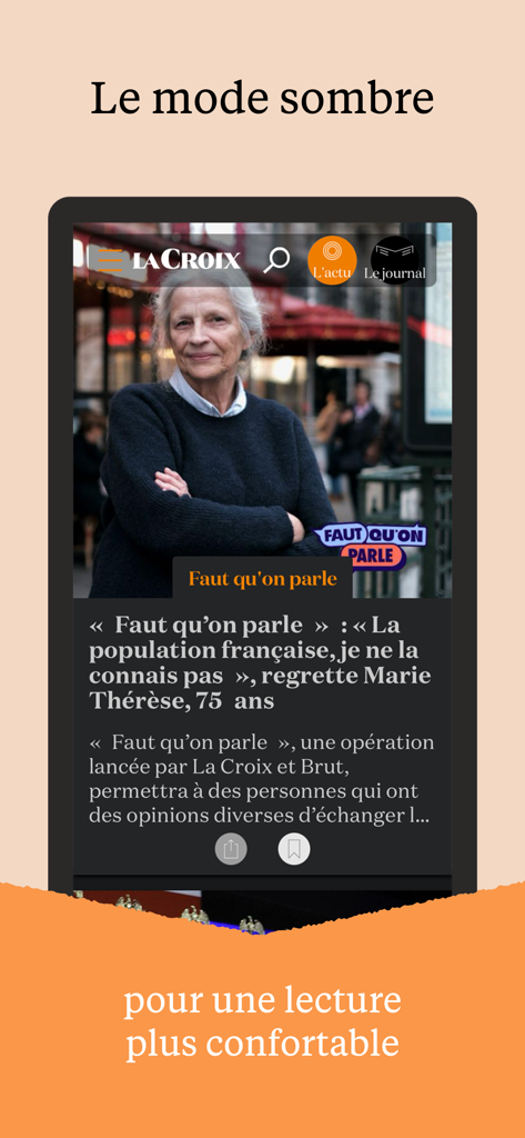 Interface do aplicativo de notícias La Croix exibindo o recurso de modo escuro para leitura confortável