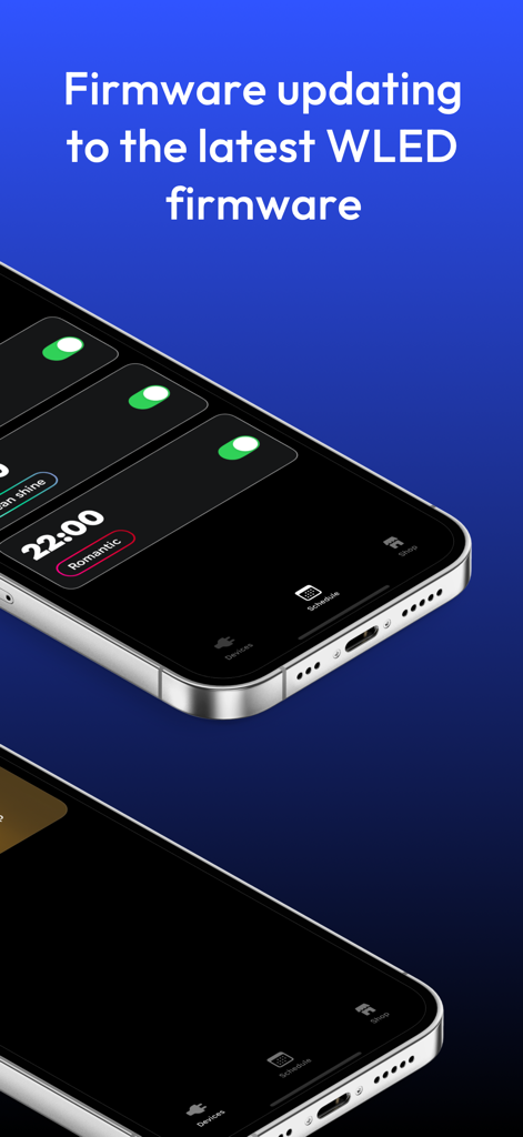 WLED Pro app interface on a smartphone highlighting the firmware update feature and lighting schedule management
