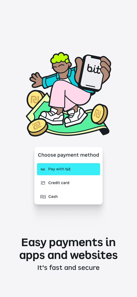 bit ביט - Una schermata mobile dall'app bit che mostra la selezione del metodo di pagamento per app e siti web