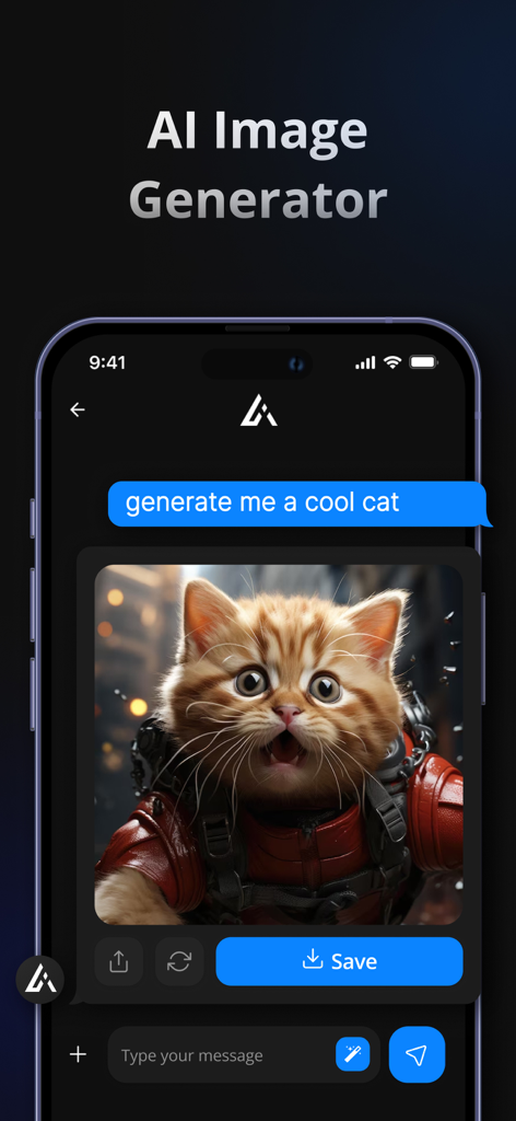 AI Chat on - My Assistant Pro - Mobile app interface showing an AI image generator creating a picture of a cat from a text prompt