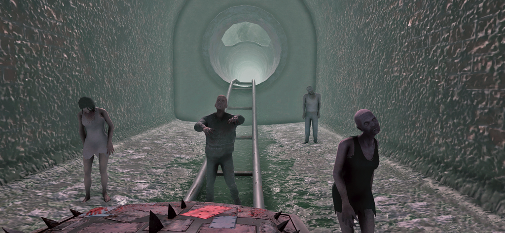 A first person view from a roller coaster track inside a spooky tunnel with zombies