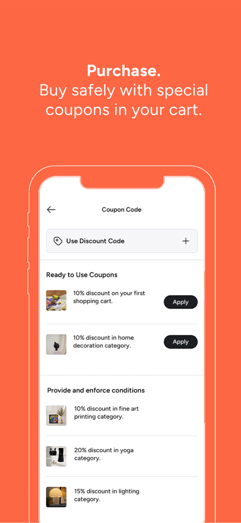 Hipicon - Better by Design - Interfaz de la app Hipicon mostrando cupones de descuento disponibles para varias categorías como decoración del hogar y yoga