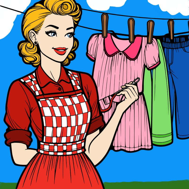 woman in the 50s with an apron hanging clothes on the line. realistic
